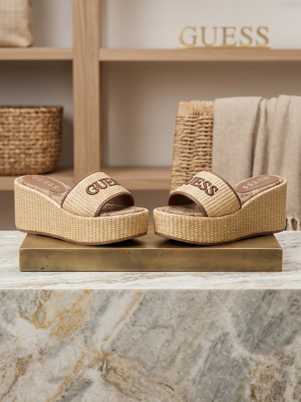 GUESS Natural Tan Woven Platform Slide Wedges